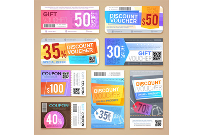 Discount coupons and gift vouchers. Vector promotional materials templ