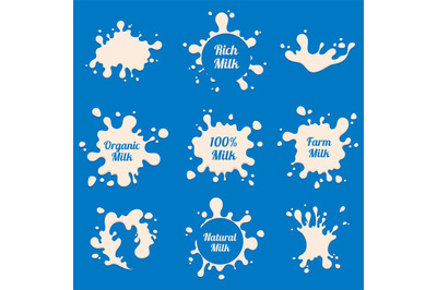 Milk splashes vector labels. Farm fresh dairy product advertising badg