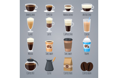 Espresso, latte, cappuccino in glasses and mugs. Coffee types for coff