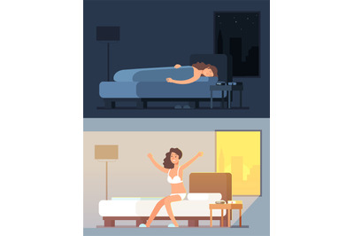 Woman sleeping and dreaming in bed at night and waking up in morning c