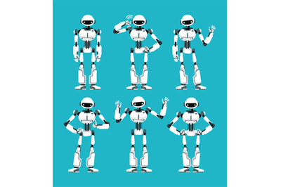 Spaceman robot android in different poses. Cute cartoon futuristic hum