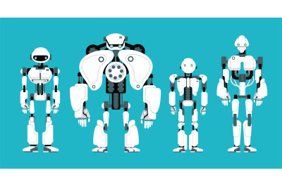 Various robot androids. Cute cartoon futuristic humanoid characters se