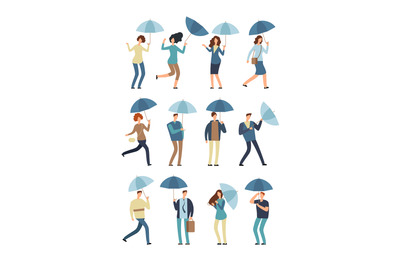 Cartoon people with umbrella in rainy day. Man and woman in raincoat u