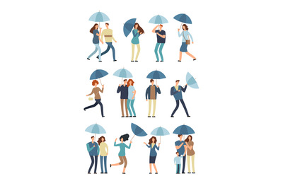 People holding umbrella, walking outdoor in rainy spring or fall day.