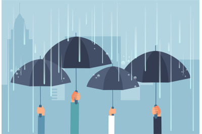 Hands holding umbrellas while thunderstorm. Vector safe cartoon busine