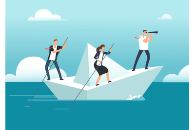 Business team with leader sailing on paper boat in ocean of opportunit