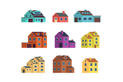 Flat cartoon town houses, cottage buildings with door and windows. Hom