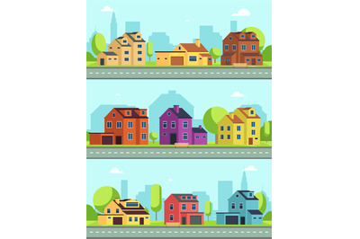 City street with buildings, suburban road and houses, cottages. Vector