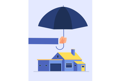 Insurer hand holding umbrella over house. Houses protection insurance