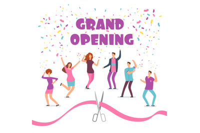 Grand opening concept with happy dancing people at party and red ribbo