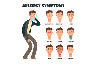 Allergy symptoms with sneezing cartoon man. Medical vector illustratio