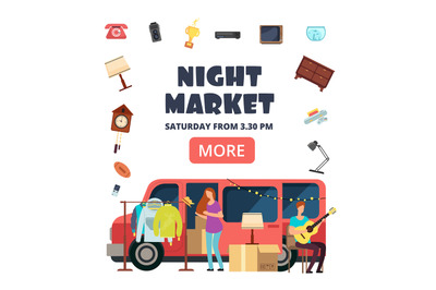 Night market, street bazaar invitation poster. Flea markets vector fly