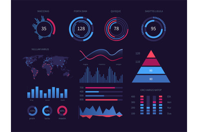 Intelligent technology hud interactive panel. Data screen with charts,