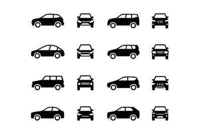 Cars front and side view signs. Vehicle black silhouette vector icons