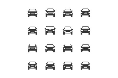 Cars front view signs. Vehicle black silhouette vector icons isolated