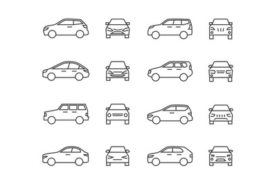 Cars front and side view line signs&2C; auto symbols. Vehicle outline vec