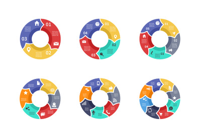 Circle graphic, pie diagrams, round charts with icons, options, parts,