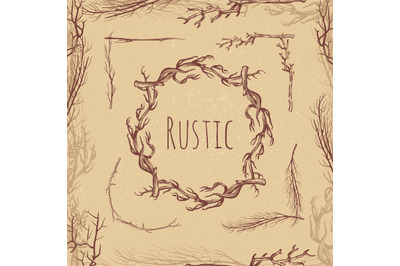 Hand drawn rustic branches vintage style. Rustic angle and frame