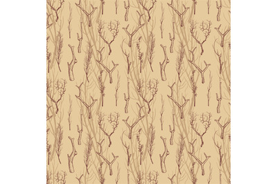 Rustic wood branches seamless pattern. Hand drawn branches vintage tex