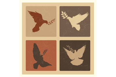 Dove of peace silhouette emblems. Grunge pigeon with branch logo set