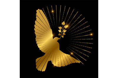 Golden dove of peace logo design. Pigeon, branch and starburst on blac