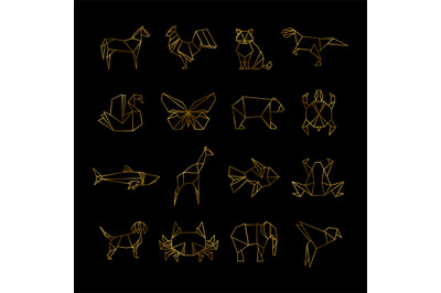 Golden japanese origami paper animals vector line icons