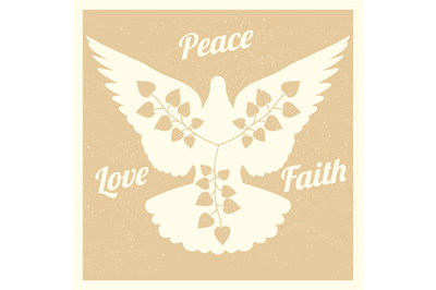 Grunge background with flying dove and branches silhouettes