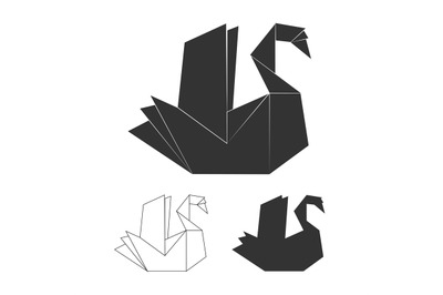 Paper origami vector swan on white background. Black swan logo set