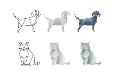 Set of vector japanese origami cat and dog