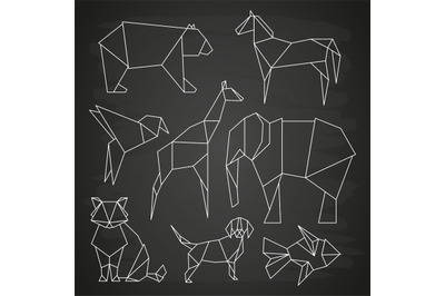 White line vector polygonal wild animals, fish and bird on blackboard