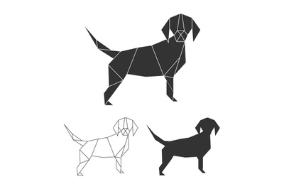 Vector origami dog set. Line, silhouette and polygonal dog logo design