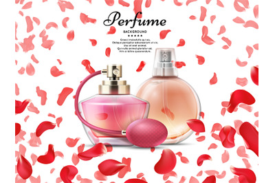 Cosmetics perfume bottles with pink petals of rose background