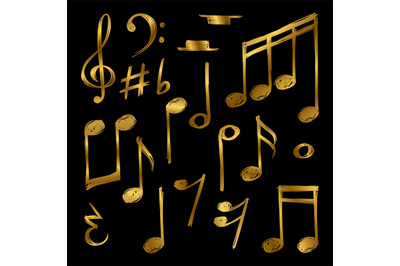 Golden music notes and signs isolated on black background