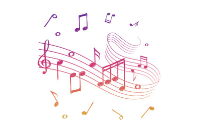 Sketch of colorful musical sound wave with music notes. Vector music b