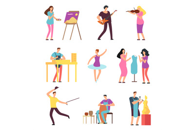 Cartoon artists and musicians vector isolated characters in creative a