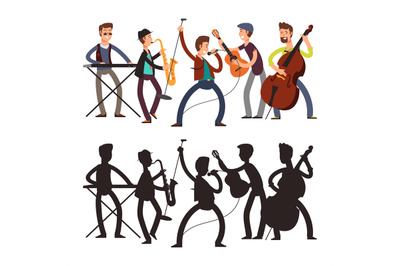 Male pop music band playing music. Vector illustration of cartoon char