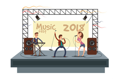 Music festival concert with pop music band playing music. Musician and