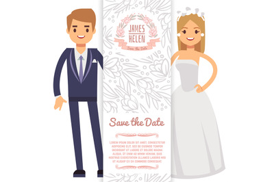 Vector wedding banner template. Decorative flyer with bride&2C; fiance an