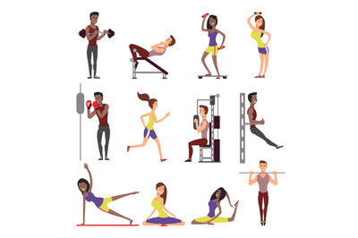 Fitness people vector cartoon characters set. Male and female athletes