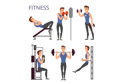 Gym exercises, body pump workout vector set with cartoon sport man cha