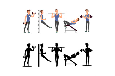 Sport man characters. Vector male fitness silhouettes