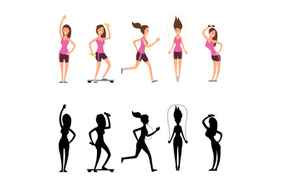 Sport woman characters. Vector female fitness silhouettes isolated on