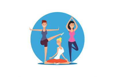 Young girls doing yoga exersises. Yoga, pilates or fitness vector