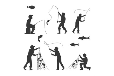 Fish and fisherman silhouettes isolated on white background