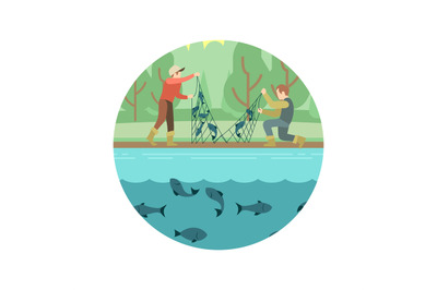 Fishing men with fish and equipment vector emblem