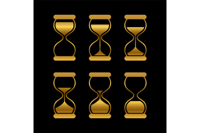 Golden sands of time, hourglass vector isolated symbols