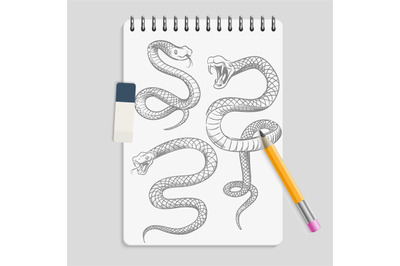 Hand drawn snakes on realisic notebook page with pencil and eraser