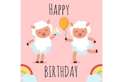 Happy Birthday greeting card with cute cartoon character sheep&2C;