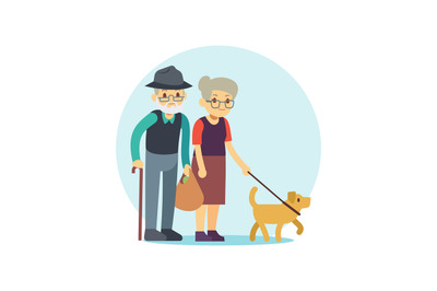 Old couple walking with cute dog. Eldery family cartoon character