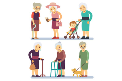 Old women cartoon character set. Senior ladies in different situation